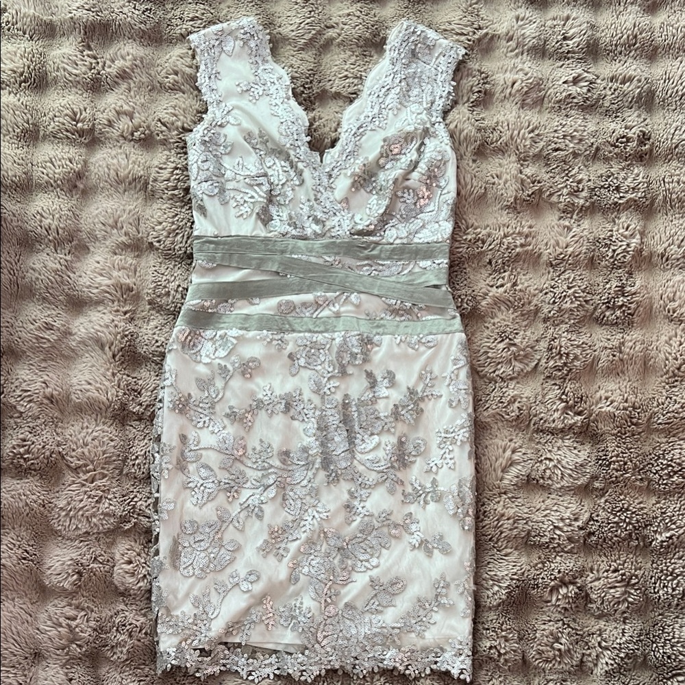 Tadashi Shoji Lace Mini Dress in Cream and Gray
